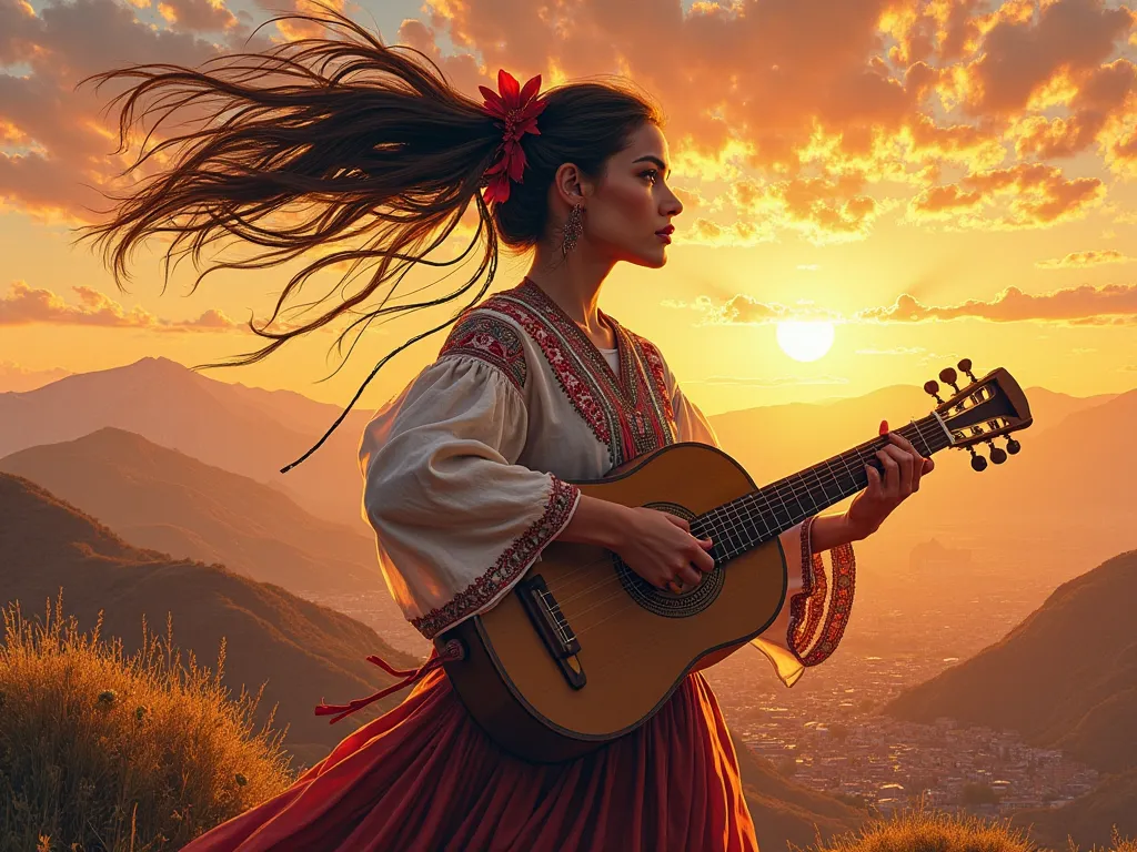 Drawing of a woman with Peruvian Andean features from the Peruvian Andes playing Quena,  wearing typical Cusco clothing, With my hair in the wind looking at the horizon on a nostalgic sunset in the Peruvian Andes and in the distance a city.