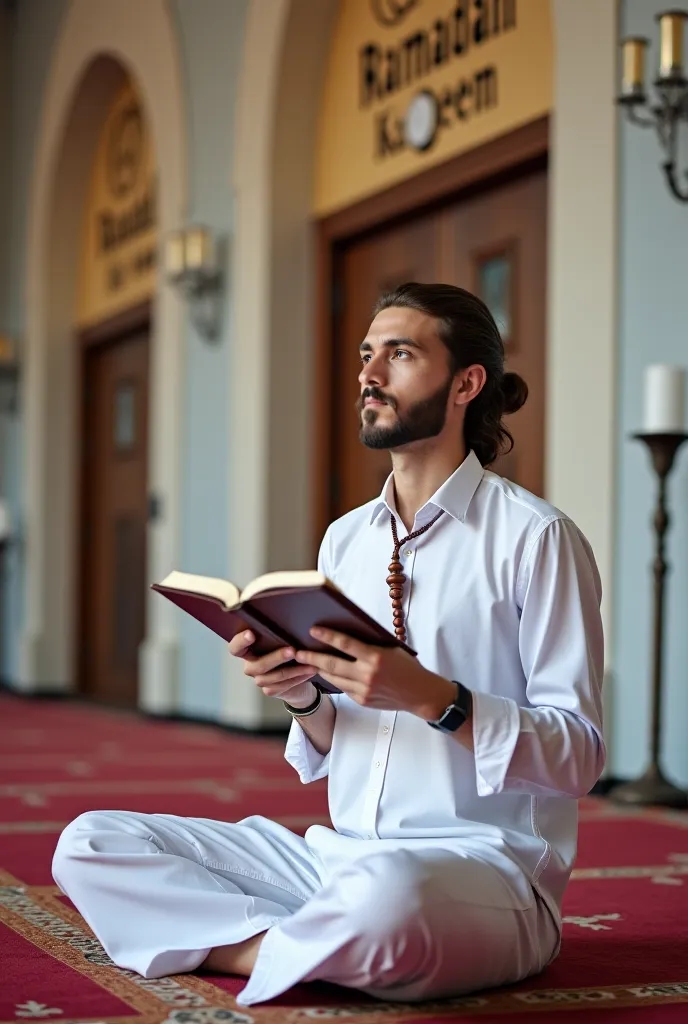 A 27-year-old young Muslim man with a light beard and long hair, praying, wearing white trousers, sitting in a Muslim prayer room, Ramadan Kareem written on the wall of the room, the Holy Quran in front of him, and a Tasbeeh in his hand.