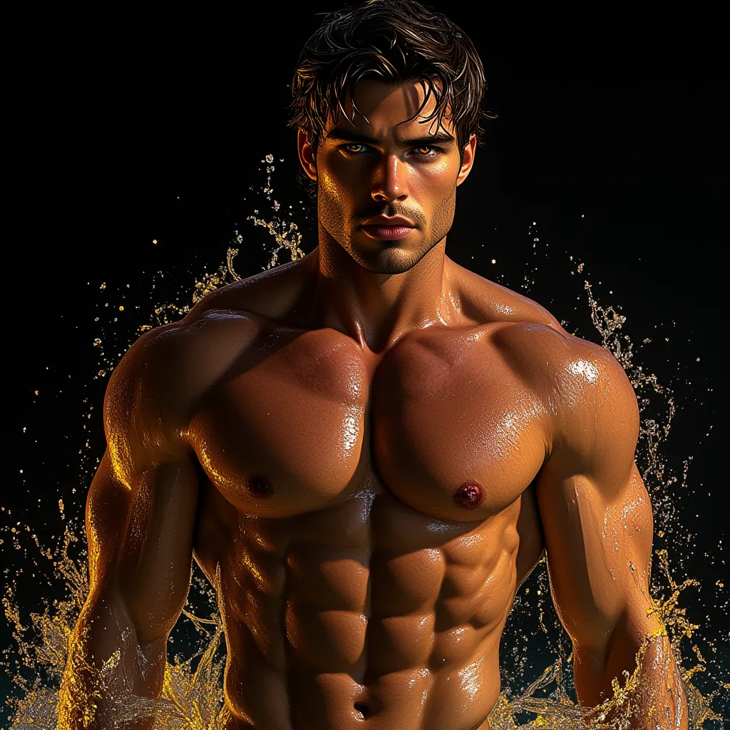 FULL BODY PHOTO OF A VERY ATTRACTIVE MAN, Powerful ((Henrry Cavill )) Cabello wet y sedoso castaño oscuro, Bright golden eyes, definite masculine traits,  perfect shiny porcelain skin. muscular,  marked abdomen. Coming out of crystal clear waters, air, lig...