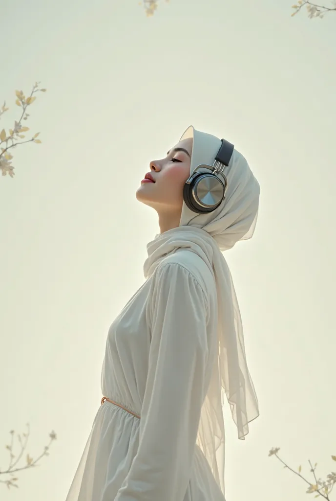 A woman wearing a hijab and a white 
dress, her body position is sideways, while listening to music using headphones While holding it, her eyes are closed and she is smiling, an japanese  woman with white skin, slightly pink. Perfect body