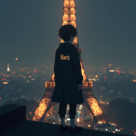 Create a Anime ager boy image standing on the the of Paris tower  and wearing a long court and pent that says "HARIS" AND ALL AROUND Black  AND GREY SMOKy environment and the city of lights 