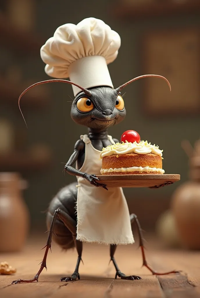 Ant wearing an apron and pastry hat clutching a cake