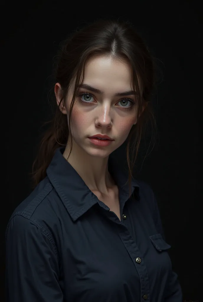 Woman dark blue shirt with tied brown hair and black background