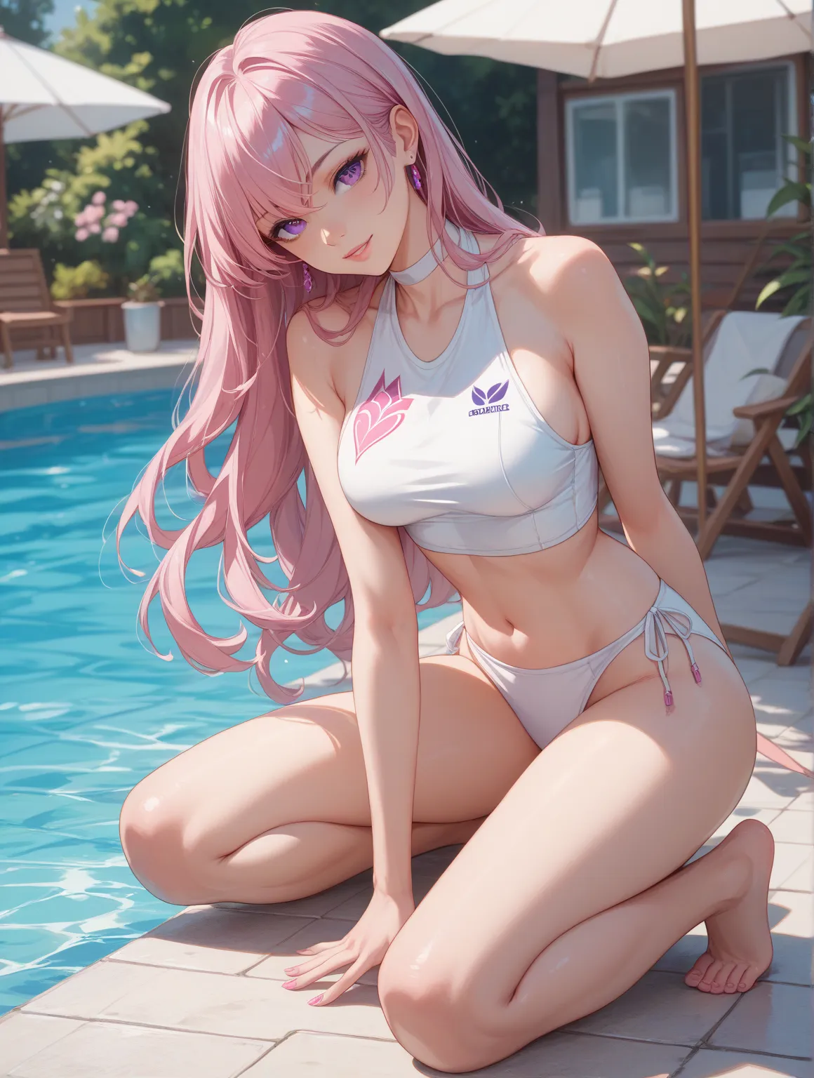 one woman、pink long hair、purple eyes、White monokini 、masterpiece、Top Quality、illustration for both eyes、full body、 pool