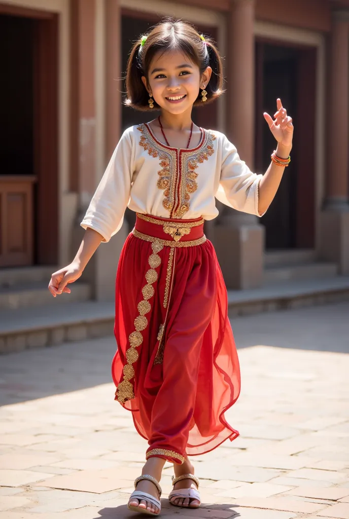 "Imagine a spacious courtyard bathed in bright natural light. In the center, a  dressed in traditional Nepali attire (such as daura suruwal or another local outfit) dances joyfully. In the background, traditional Nepali architecture and decorative elements...