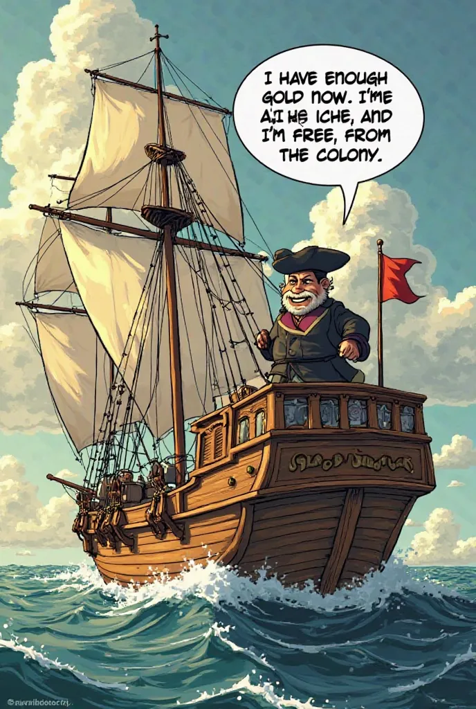 Setting: A ship sailing away from the colony.
Characters: Mr. Snidely
Action: Mr. Snidely is revealed to be on the ship with the Governor's suitcase, grinning slyly.
Speech Balloon (Snidely): "I have enough gold now. I’m rich, and I’m free from the colony....