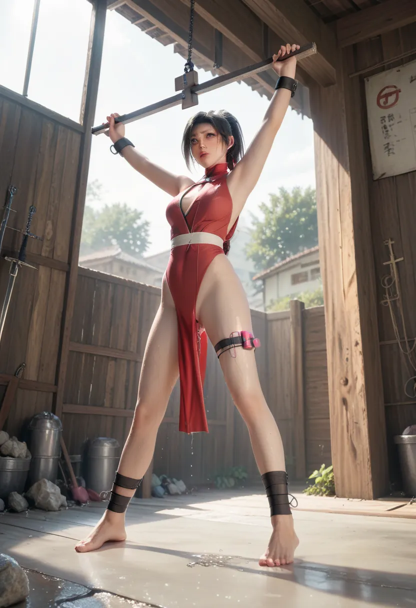 (masterpiece), best quality, expressive eyes, perfect face,(crucifixion),torture,(in japanese very dark underground room),extremely detailed,(((ninja costume))),kunoichi,short hair,ponytail,wet skin,full body,bdsm,(standing),((very cuty girl)),large eyes,(...