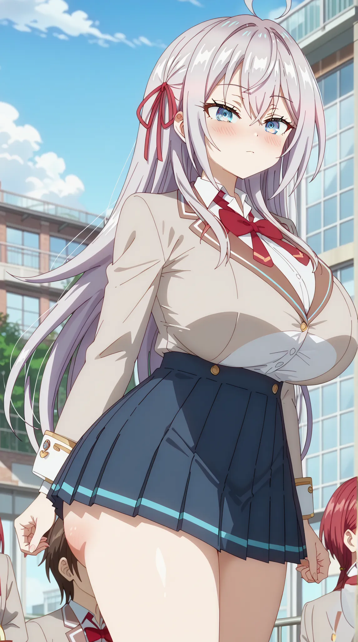 (UHD, retina, masterpiece, accurate, anatomically correct, super detail, high details,   highres,anime screencap, anime coloring:1.3)、(Alisa Mikhailovna Kujou:1.3)、(long hair, silver hair, ahoge, crossed bangs, red hair ribbon, sidelocks, blue eyes:1.3)、(v...