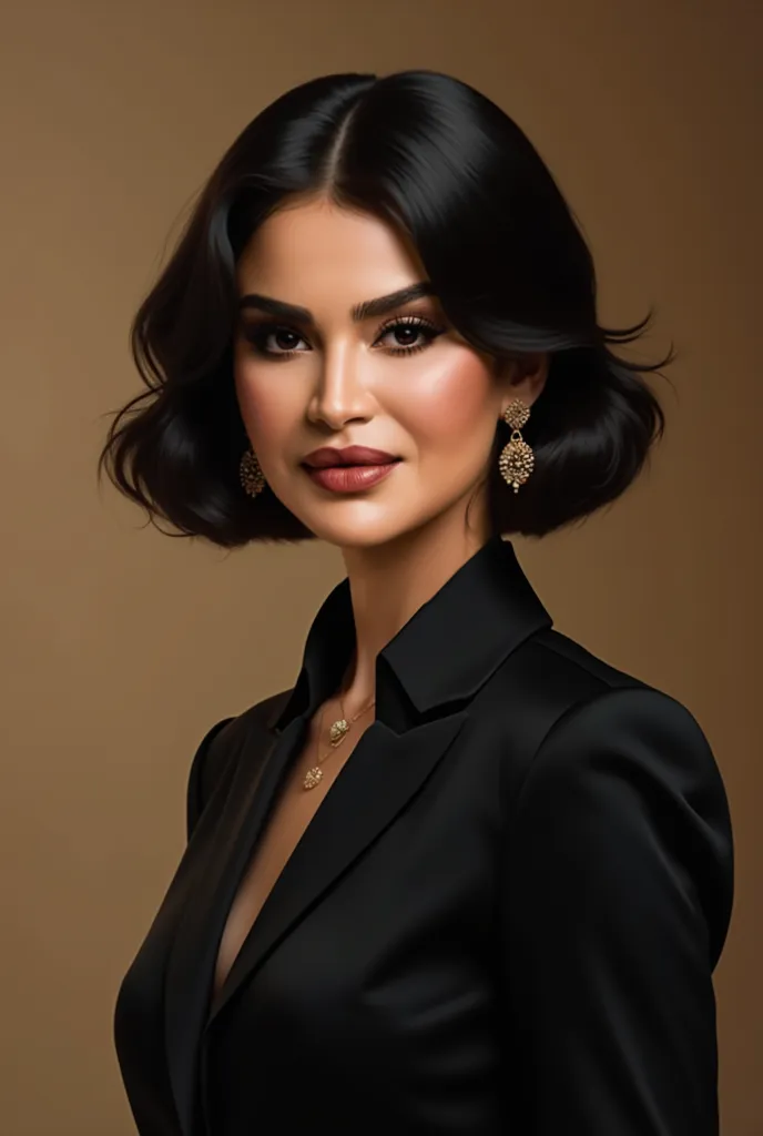 A picture of a woman with short black hair wearing an elegant black formal set with the words Eid Al-Fitr written on the picture