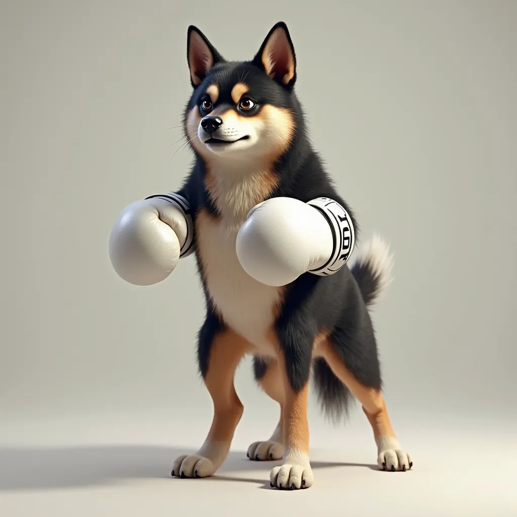 A 's Kuroshiba Inu、real、 standing on two legs 、I'm wearing white boxing gloves