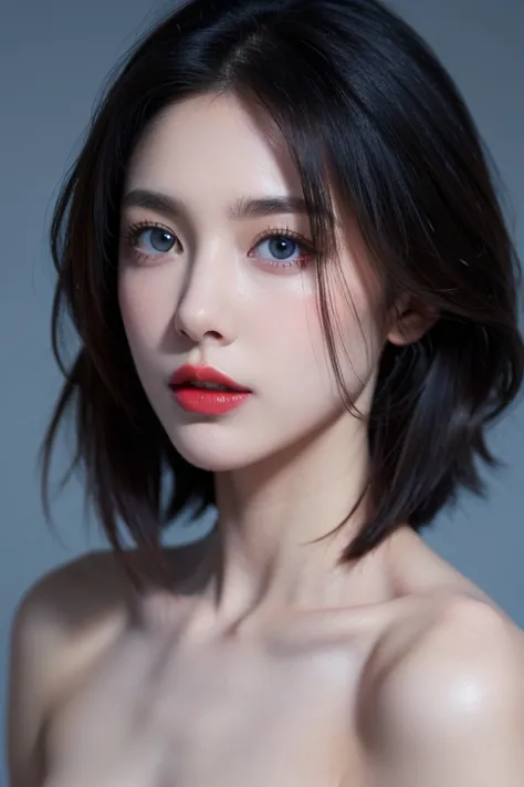 realistic 、 top quality、 top quality、masterpiece、 super high resolution 、 RAW photo、 realistic,allnude,slim,model body type、Skinny、upper body,（topless） small tits,Background color BLUE、topless,bob hair、red lipstick、blue eyes、closeup