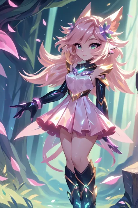 Lumina Lark Personality: Lumina is cheerful and confident, always willing to protect those she loves.: She is based on light and nature, inspired by fairies and forest spirits, combined with technological elements.  color palette : Tons of light pink, gold...