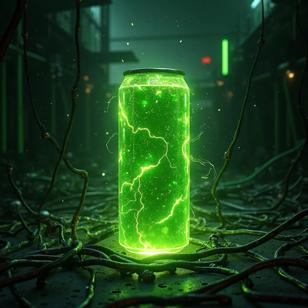 energy drink, green color, (realistic), (ultra detailed), with electrical cables around it