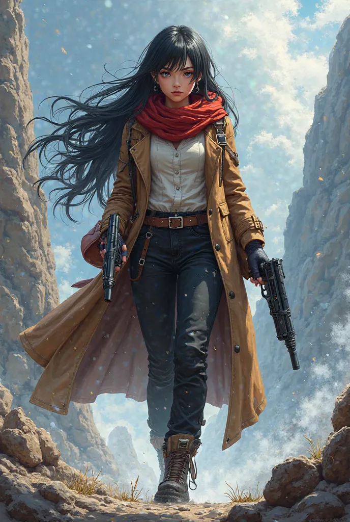 Adventurous girl with beautiful long black hair wearing a coat, black trousers, a scarf, holding a pistol and a machine gun, with a basuga carried in the middle of her back. Anime style image