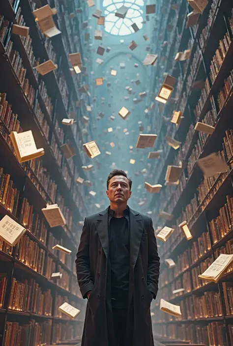 Prompt:

A highly detailed and realistic digital painting of Elon Musk standing in the center of a futuristic library. He is surrounded by levitating books that are swirling around him in a controlled, circular motion, as if guided by an invisible force. T...