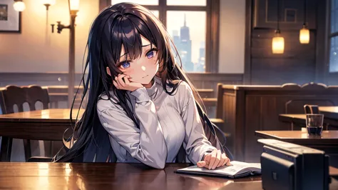 4K、8k、 Anime Woman  、{{{{ 1 woman}}}}、{{{{Long blue-black air}}}}、{{{{ cute anime woman }}}}、{{{{A cute anime woman in a nice long-sleeved dress looking out of the window with a slightly blurred feeling}}}}、(((Night Cafe)))、{{{{warm and cozy、居心地の良いNight Ca...