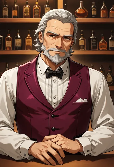 Handsome older man, wearing fancy vest with a long sleeved shirt underneath, ((clean shaven)), bartender