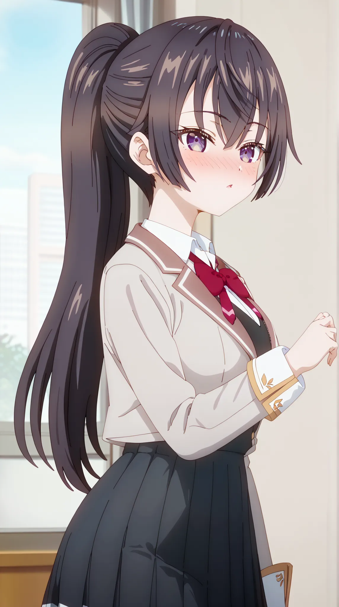 (UHD, retina, masterpiece, accurate, anatomically correct, super detail, high details,   highres,anime screencap, anime coloring:1.3)、(suou yuki:1.3)、(long hair, bangs, brown hair, black hair, hair between eyes, purple eyes, high ponytail:1.3)、(very gigant...