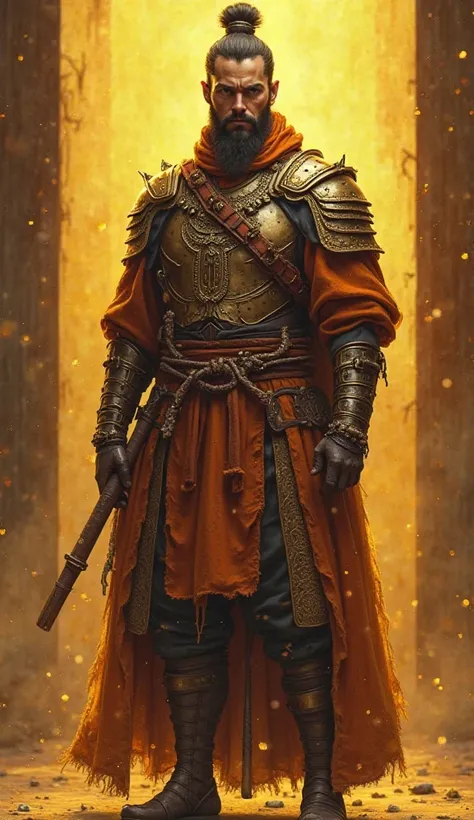 A symbolic artistic rendering of a warrior standing confidently in a traditional yet unconventional outfit, illuminated by a golden light. The details of the attire hint at its protective properties, while the warrior’s expression conveys wisdom and resili...