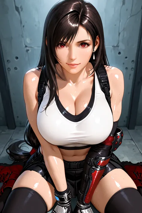 masterpiece, , , beautiful woman, black hair, black pants, ,solo,tifa lockhart,black hair,long hair,red eyes,large breast,white tank top,black skirt,black thighhighs,boots,low-tied long hair,cartoon, shiny skin, oily skin, shiny, realistic, cartoon, shiny ...