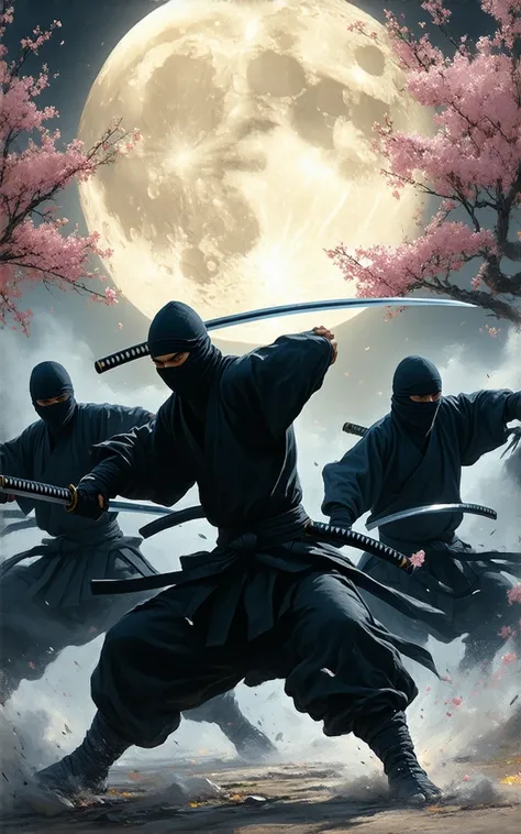 A very elaborate digital painting depicting traditional Japanese ninjas fighting under a full moon。night、surrounded by shining cherry blossoms。The ninja dressed in a black shinobi costume、In the air with the enemy's dark blue masked ninja、Fight a fierce du...