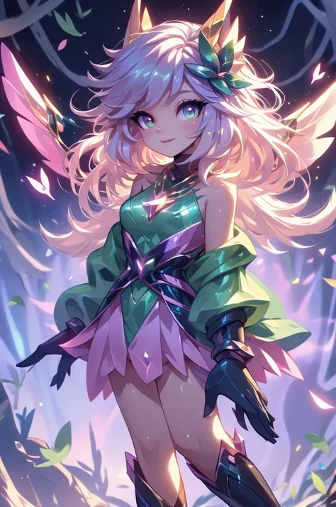 Lumina Lark Personality: Lumina is cheerful and confident, always willing to protect those she loves.: She is based on light and nature, inspired by fairies and forest spirits, combined with technological elements.  color palette : Tons of light pink, gold...