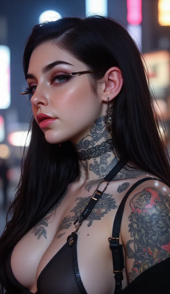 ((a woman with tattoos on her neck and face, Beautiful face of a cyberpunk girl, great digital art with details,  she wears rectangular black rimmed glasses you can see the reflection in the glasses of the glasses :1.5)),walking, City streets,city lights, ...