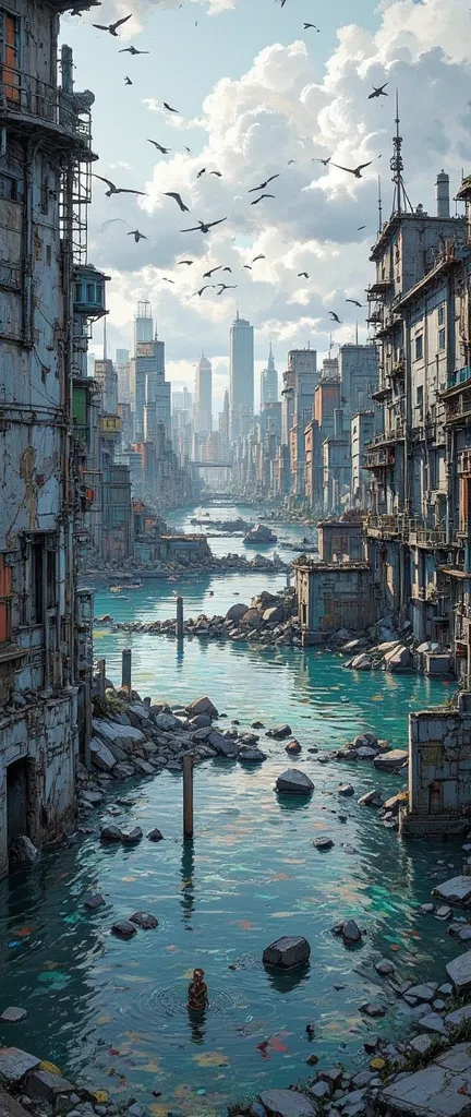  from above ,Cyberpunk,Sea Level Rise  ,Submerged Ruins,concrete ruins sinking into the sea,seawater erodes,crack,Piping,Wave, clear,cloud,Flock of birds