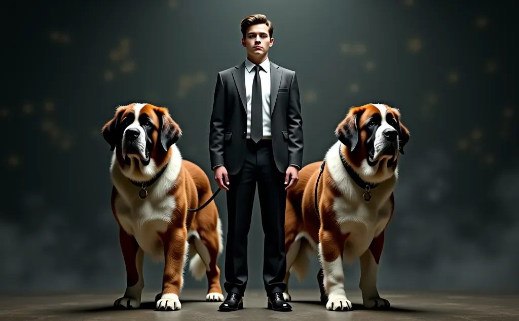 Make an image for a dog walker advertisement that everything looks realistic young formal man with big dogs San Bernanrdos dark background 