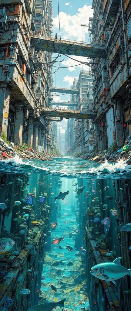 Cyberpunk,In the water,Swimming Fish,Sea Level Rise  ,Submerged Ruins,concrete ruins sinking into the sea,seawater erodes,crack,Piping,Wave