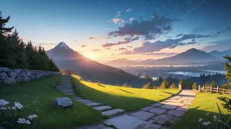 Beautiful scenery at the foot of the mountain, on the mountain, quiet atmosphere, green grass, stairs down the mountain made of stone. Along the way there is a stone fence along the way, in the distance there is a small big mountain at night.