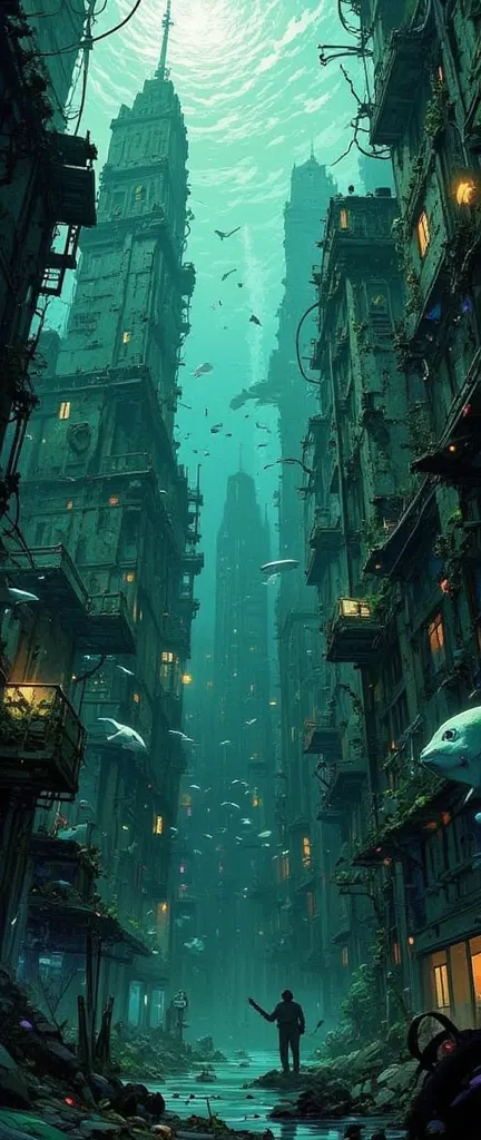 Cyberpunk,Dark Underwater,deep sea,Swimming Fish,Sea Level Rise ,Submerged Ruins,concrete ruins sinking into the sea,seawater erodes,crack,Pre-war buildings,Waterweed