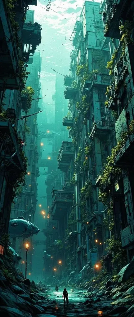 Cyberpunk,Dark Underwater,deep sea,Swimming Fish,Sea Level Rise ,Submerged Ruins,concrete ruins sinking into the sea,seawater erodes,crack,Pre-war buildings,Waterweed