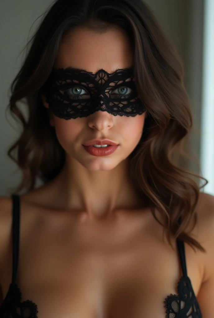 Front face of a woman. Jill Kassidy , dark brown hair  , very white skin,  Perfect slim body , perfect breasts. realistic. Dresses in sexy black lace lingerie and a black lace mask covering her eyes. . Her face and full head are shown without cuts and part...