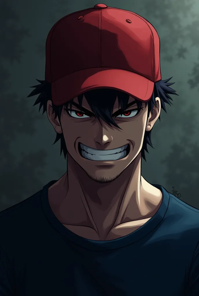 A man wearing navyblue t-shirt and a red cap and came with anger and his eyes covered by shadow and red with anger and he is smiling with anger and he has small hairs in anime style 
