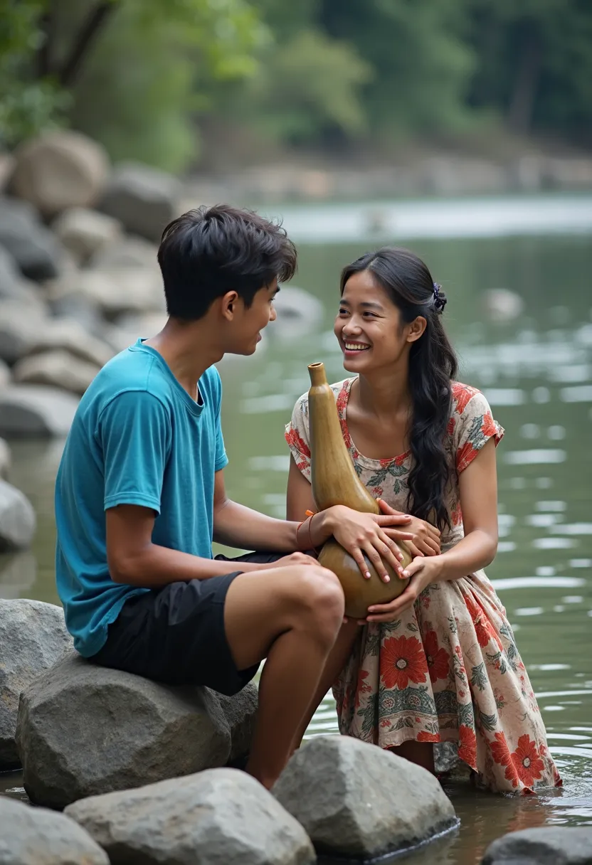 A 25-year-old Indonesian faced man wearing a blue coloured t-shirt using black coloured shorts is seen sitting in a river of rocks next to a beautiful 25-year-old Indonesian faced woman wearing a purple coloured t-shirt black coloured shorts are seen holdi...