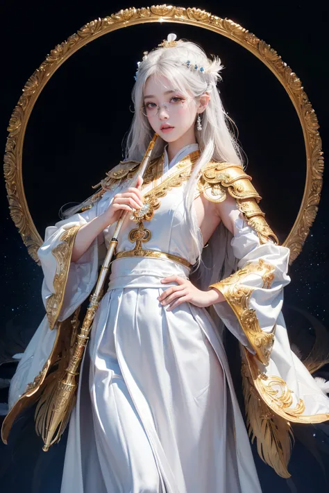 (Absurdly,high quality , Extremely Detailed,32K、high image quality、Ultra HD、Golden Ratio Face、realistic、complicated、high detail、Ultra High Resolution、Near Future Fantasy Art)、(((standing pose、The goddess who blows the flute)))、(((Japanese god costume、Armor...