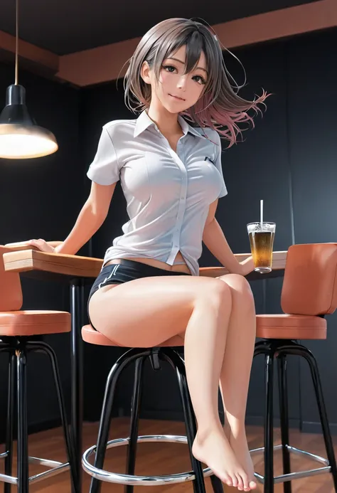 1girl, detailed hair, medium large breasts, shirt, dolphin shorts, tight clothes, ((sitting on black barstool, feet up, shaking, motion lines, heavy breathing, blushing, dynamic angle)), masterpiece, best quality, high quality, super detailed, source_anime...