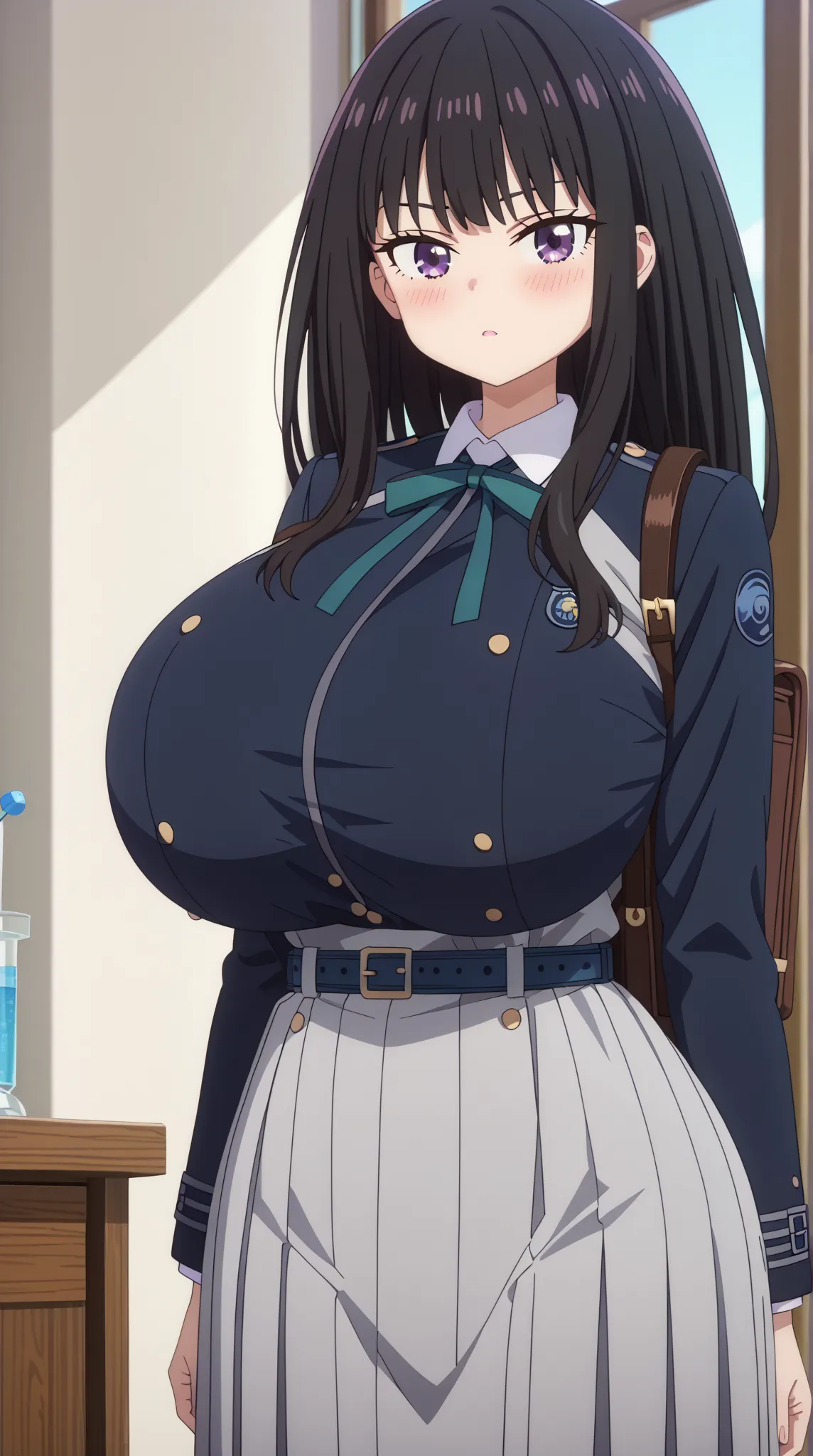 (UHD, retina, masterpiece, accurate, anatomically correct, super detail, high details,   highres,anime screencap, anime coloring:1.3)、(inoue takina:1.3)、(long hair, bangs, black hair, purple eyes:1.3)、(very gigantic breasts:1.3)、(shirt, long sleeves, dress...