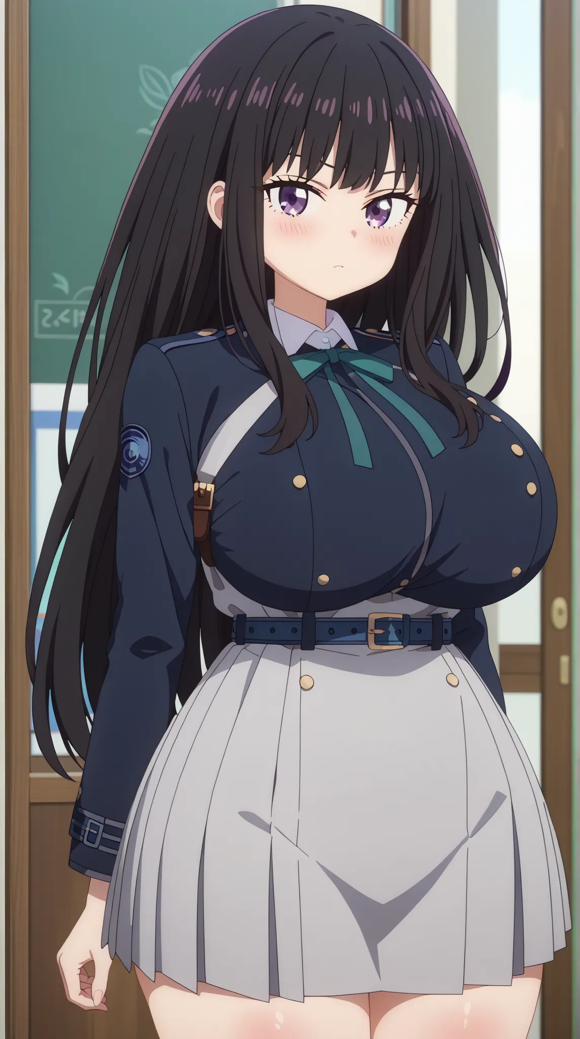 (UHD, retina, masterpiece, accurate, anatomically correct, super detail, high details,   highres,anime screencap, anime coloring:1.3)、(inoue takina:1.3)、(long hair, bangs, black hair, purple eyes:1.3)、(very gigantic breasts:1.3)、(shirt, long sleeves, dress...