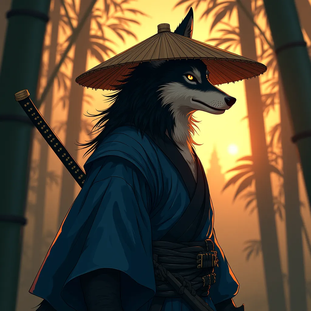 1. "Erai-koccha…"
A hyper-realistic, cinematic illustration of a wolf samurai inspired by Sasaki Kojiro, standing in a traditional Japanese bamboo forest at sunset. His fur is sleek and windswept, with a scar running across his sharp muzzle. His intense ey...