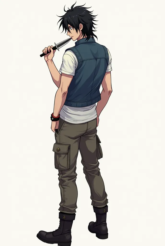 full body RPG token drawing, perspective, TOKEN, full body, anime, man, messy long black hair, open denim vest, white t-shirt, cargo pants, combat boots, athletic build, licking a dagger. standing, turned sideways, camera above the character, top-down pers...