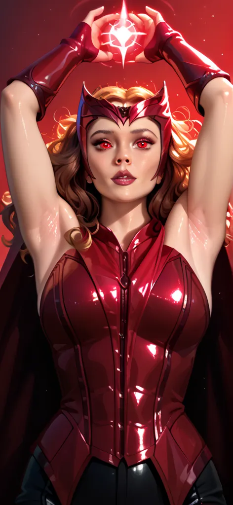 (masterpiece, Highest quality, Ultra-high resolution), 1girl, scarlet witch, shiny skin, , The clothes fit perfectly, Glossiness, shiny, whole body slimy, Stuffy, shiny, cute face, backlight, (((showing armpits))) (((classic comic custome)) showing armpits...