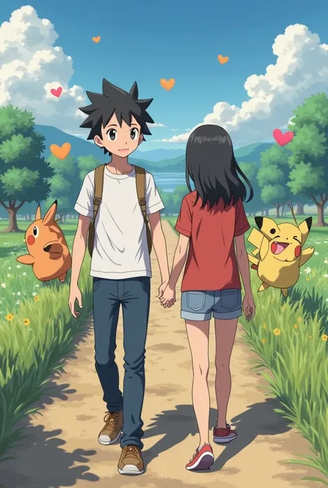 age dating couple in Pokemon Go, Anime version that we look straight ahead he has black cup-cut hair and she has medium-length straight black hair, to show scenes from the game Pokemon Go in the background, Try to make us look happy smiling, We are on an a...