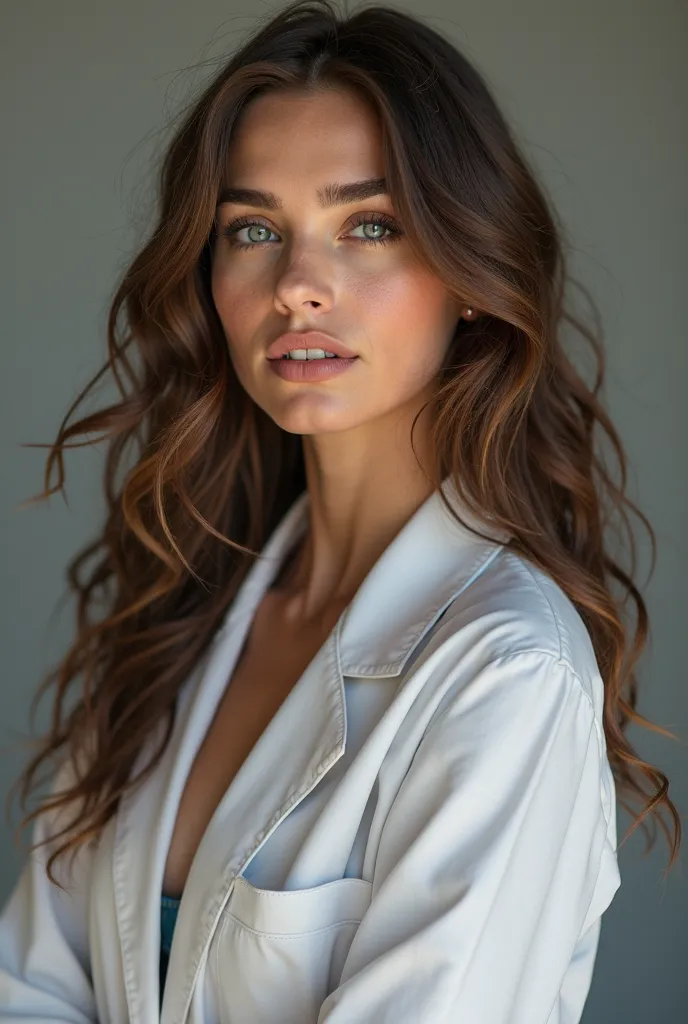 "Create a feminine model with unique and elegant features. It must have

- Deep and expressive blue eyes
- Wavy and long brown hair
- Light brown skin with a touch of tan
- Delicate and harmonious facial features
- A captivating and enigmatic smile
- A con...