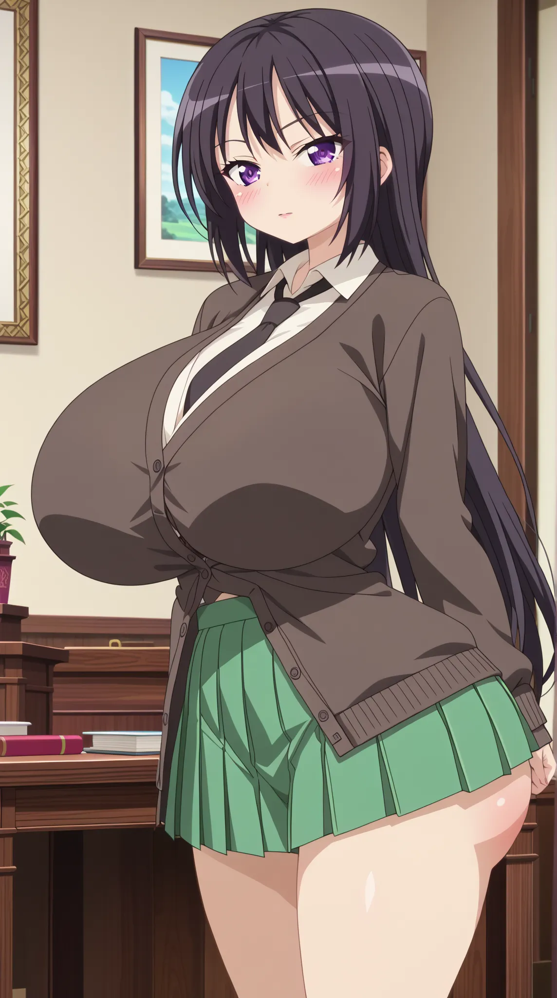 (UHD, retina, masterpiece, accurate, anatomically correct, super detail, high details,   highres,anime screencap, anime coloring:1.3)、(yozora_haganai:1.3)、(long hair, black hair, purple eyes:1.3)、(very gigantic breasts:1.3)、(shirt, school uniform, necktie,...