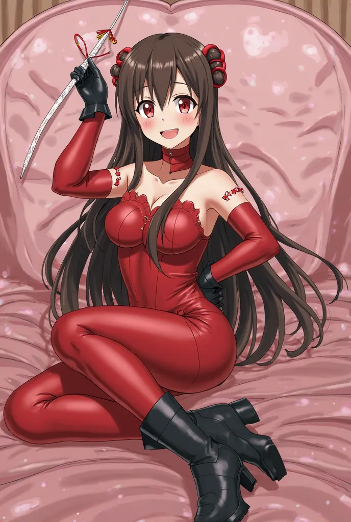 masterpiece, 1 anime girl, Alone, Long Hair, Braiding, Watch the audience, big , Mature Woman, Red cheeks, smile, Brown Hair, Pink Bed, Mature Woman, Expose your shoulders,Black latex gloves,,Red off-the-shoulder latex leotard,Latex shirt,Latex off-shoulde...