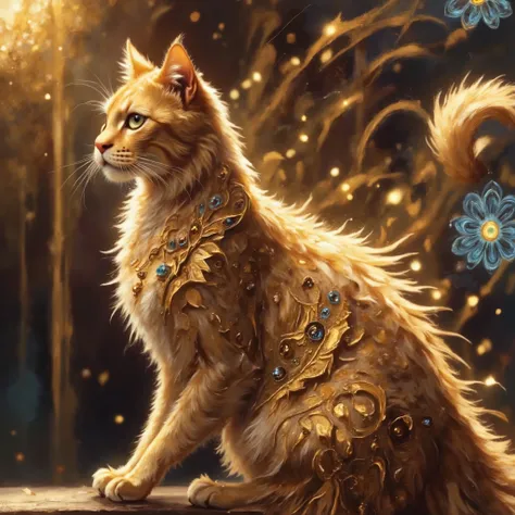 Expressive oil painting portrayal of a white cat's face with penetrating sapphire blue eyes, visible individual brushstrokes creating the cat's features that gradually fade into nothingness at the edges giving an ephemeral quality, elaborate golden filigre...