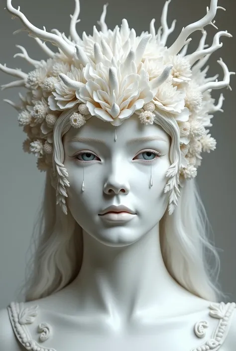 White mask with colors representative of the Italian Greek goddesses Demeter and Persephone. The mask should cover the face and part of the head. So, on the head of this mask there must be a representation of the four seasons of the year: summer, autumn, w...