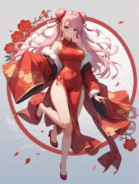 one woman、beautiful woman、 cute woman、pink long hair、purple eyes、red china dress、masterpiece、Top Quality、illustration for both eyes、full body、detailed background